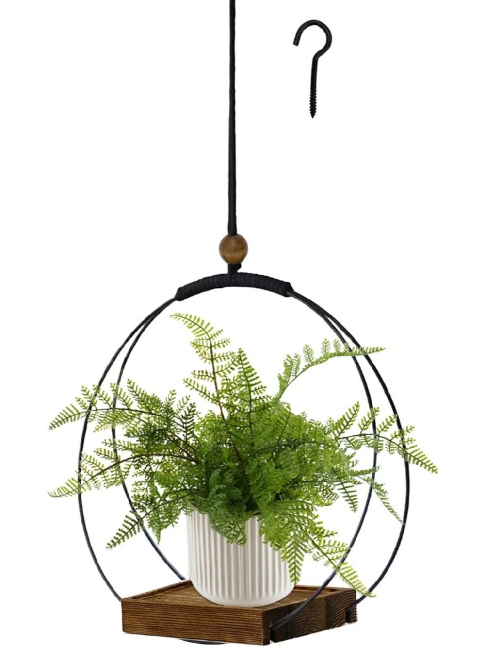 Hanging Planter for Indoor Plants, Black Plant Hanger Indoor with Sturdy Wood Ba